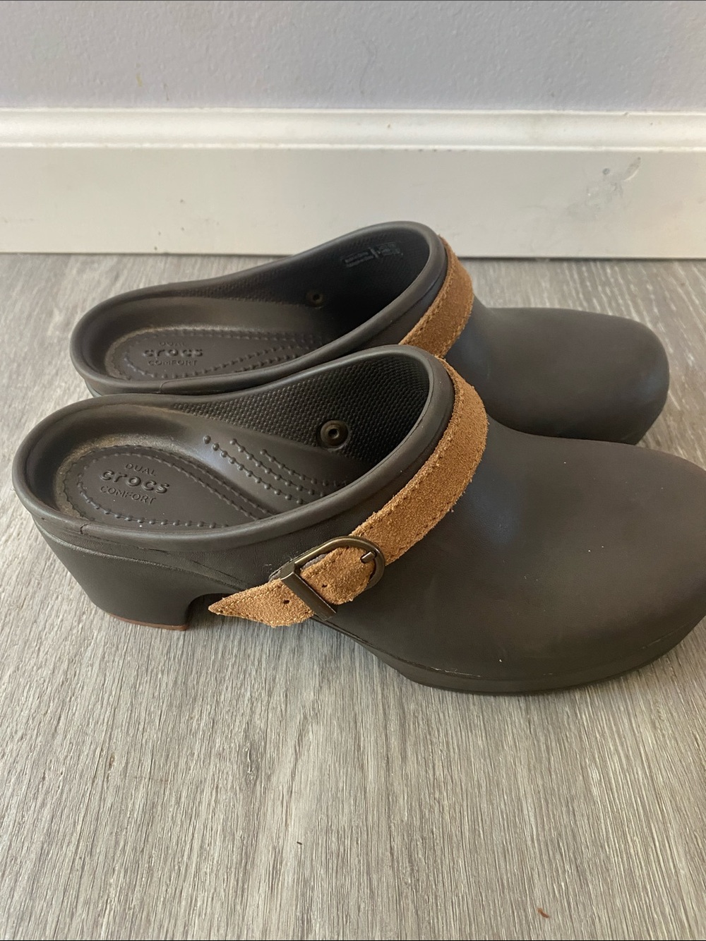 CROCS Brown Clog Mules with Tan Suede Strap